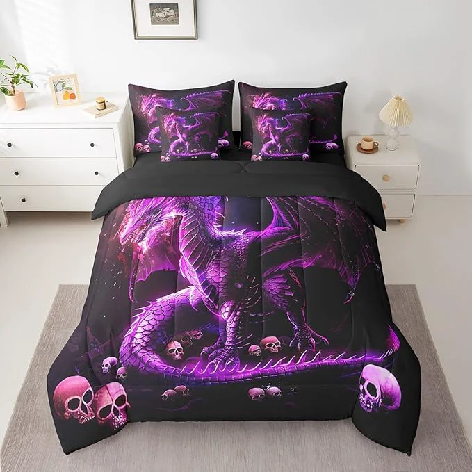High-Grade Castle Fairy 3D Dragon Comforter Set Gothic Halloween Skull Bedding Set for Kids Boys Girls Room Decor Western Dragon Animal Comforter Fitted Flat Sheet 2 Pillowcases 2 Throw Pillow Covers Exceptional