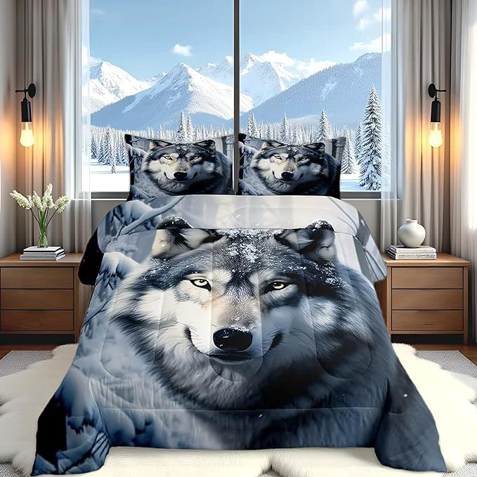 First-Class Castle Fairy Wolf Comforter Set Twin Size Nature Wild Animals Quilt Set 2pcs 3D Print Winter Snow View Bedding Set for Kids Teens Adults Home Decor White Black Microfiber with 1 Pillowcase Expertly Made