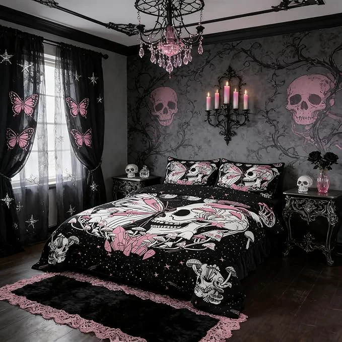 Smooth Skull Skull Bedding Set Full Size Pink Butterfly Mushroom Comforter Set Starry Galaxy Moon Quilted Duvet 3pcs for Kids Teens Girls Boys Bedroom Decor Wild Animals Plants Bedspread 2 Pillowcases Proven