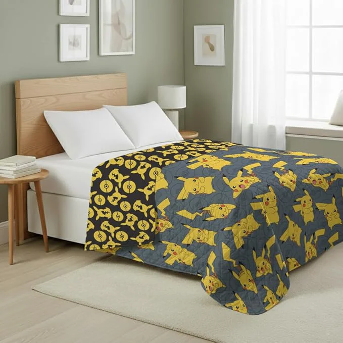 World-Class Northwest Pokemon Company Reversible Twin Quilted Blanket - Pikachu amp Pokeball Pattern for Anime Fans Cozy Blanket for Bed Game Room or Couch 60x90 inches Recyclable