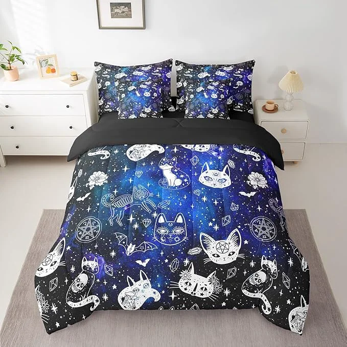 Carefully Designed Gothic Cat Skull Comforter Set 7 Pieces Queen Size Blue Galaxy Starry Bedding Set for Kids Boho Constellation Comforter Fitted Flat Sheet 2 Pillowcases 2 Throw Pillow Covers Easy-to-Use