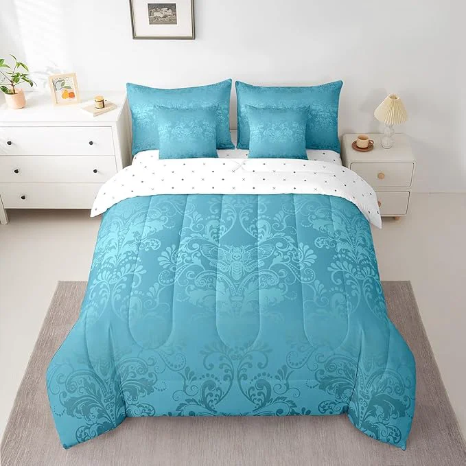 Contemporary Erosebridal Gothic Damask Bed in a Bag Queen Comforter Set 7 Piece Exotic Moth Bedding Sets Teal Victorian Floral Goth Sheet Set with Comforter Fine