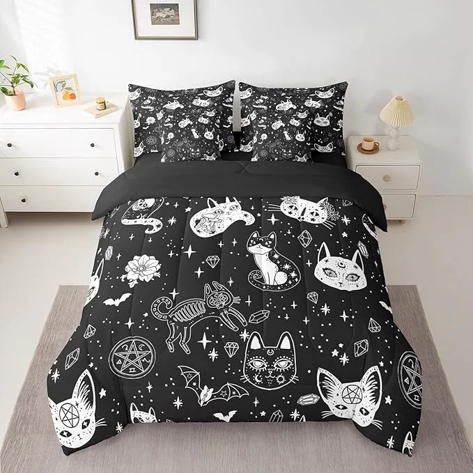 Exceptional Castle Fairy Bohemia Cat Comforter Set King Size Gothic Cats Bats Skull Bed Set 7pcs with Comforter Fitted Sheet Flat Sheet 2 Pillowcases 2 Throw Pillow Covers Glitter Star Diamond Bedding Set Carefully Designed