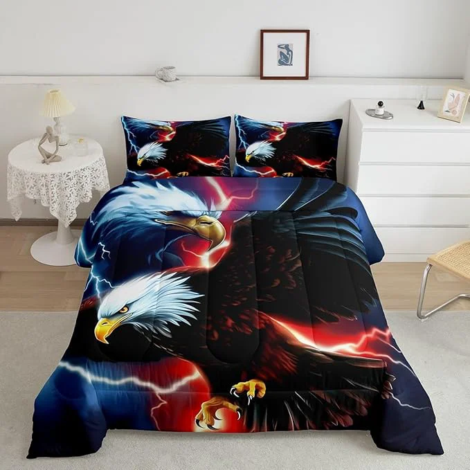 Prestigious American Flag Eagle Comforter Set King Size Lightning Night Bedding Set 3pcs Kids Girls Boys Adult Room Decor Wild Animals Theme Duvet Insert Vintage Cool Quilted Duvet Set with 2 Pillowcases Specialty