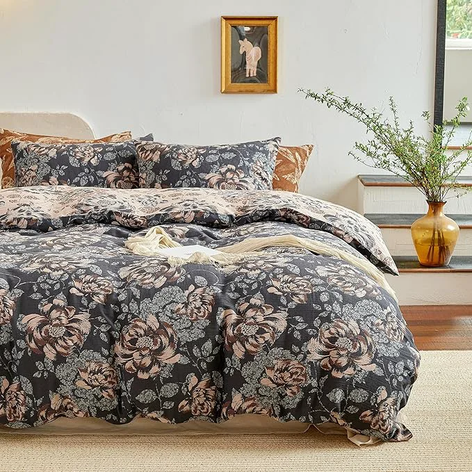 Environmentally Friendly BISELINA Cotton Muslin Duvet Cover Set King 3 Pcs Yarn-Dyed Jacquard Textured Garden Flower Soft and Breathable Bedding Set with Zipper Closure Dark Blue Khaki Powerful