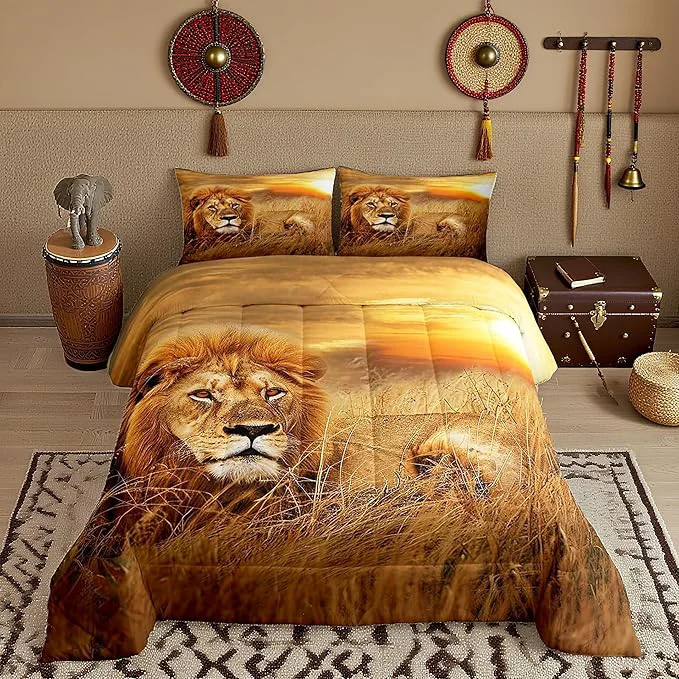 Efficient Lion Comforter Set Twin Size 3D Print Wild Animals Bedding Set for Teens Adult Men Room Decor Natural Sunset View Quilt Set Rustic Prairie Duvet Insert 2pcs with 1 Pillowcase Exclusive