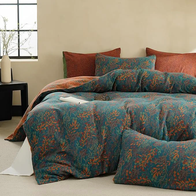 Premium BISELINA Cotton Muslin Duvet Cover Set Queen 3 Pcs Yarn-Dyed Jacquard Textured Reversible Floral Design Soft and Breathable Bedding Set with Zipper Closure Blue Orange Convenient