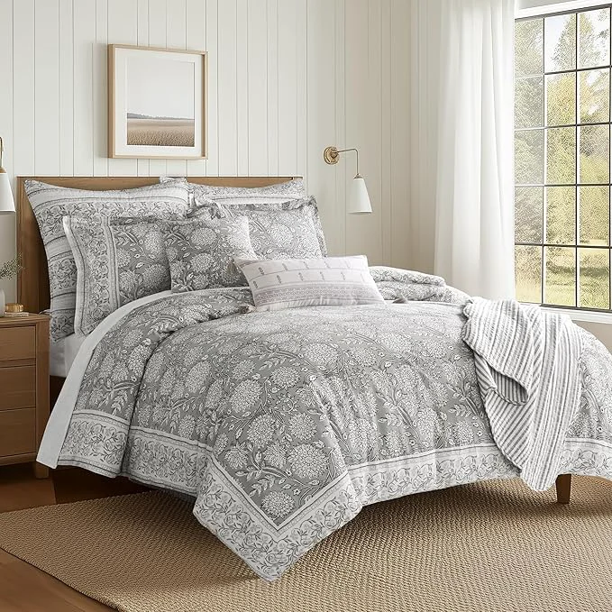Minimalist Levtex Home Adare Grey Reversible Twin Duvet Cover Set 68x88in with 1 Pillowcase 26x20in - Floral Bedding - Grey and White - Cotton Twin Size Duvet Cover Set - Soft Pre-Washed Enhanced