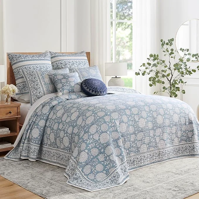 Sustainable Levtex Home – Adare Blue Bedspread Set – Full Bedspread 96x106in. and 2 Standard Shams 20x26in. – Floral Botanical Design – Blue and White – Reversible – Cotton Elite