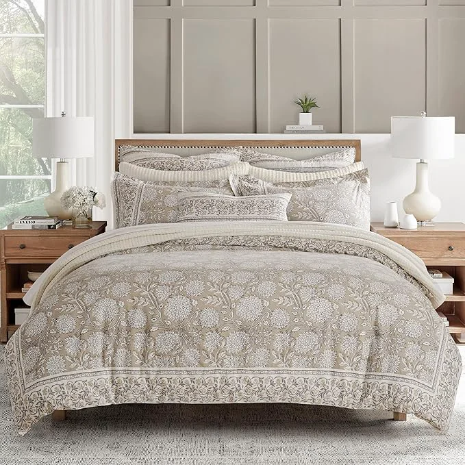 Contemporary Levtex Home Adare Taupe Reversible Twin Twin XL Comforter Set 68x88in with 1 Pillowcase 26x20in - Floral Bedding - Taupe and White - Cotton Twin Size Comforter Set - Soft Pre-Washed Sustainable