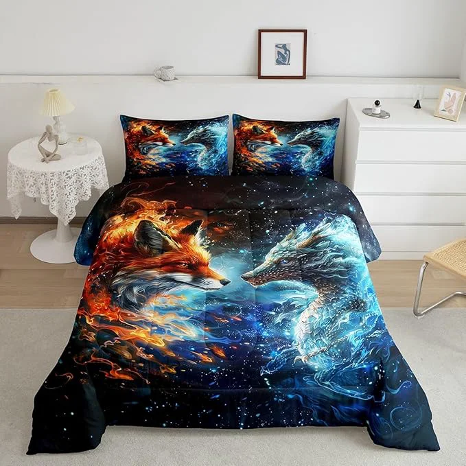 Carefully Designed Fox and Dragon Comforter Set Queen Size 3D Flaming Ice Collision Bedding Set Western al Style Animals Quilt Set for Kids Boys Girls Adult Room Decor Galaxy Universe Duvet Insert 2 Pillowcases Environmentally Friendly