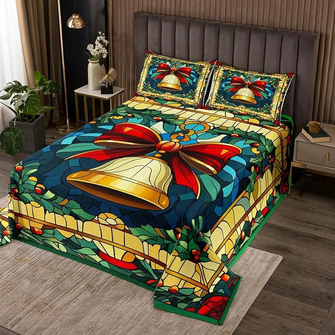 Contemporary Christmas Bell Kids Bedspread King Size Merry Christmas Bowknot Bow Tie Coverlet Set Boys Girls Room Decor Happy New Year Poinsettia Flower Quilted Coverlet Red Xmas Bedding Quilt 2 Pillowcases Quality