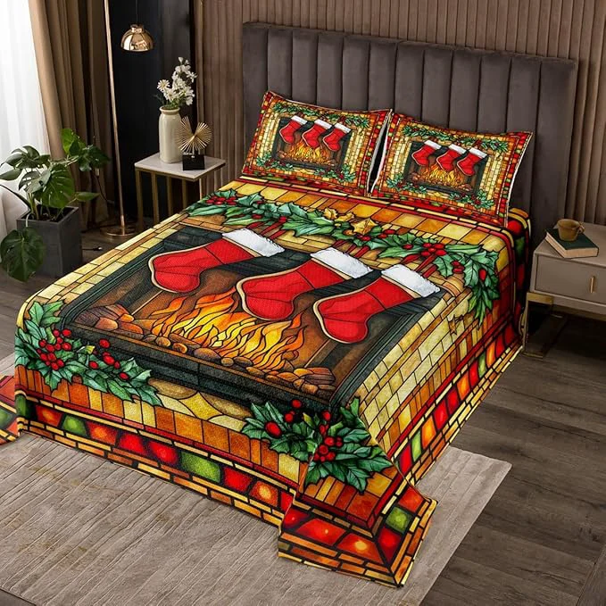 Safe Christmas Stocking Kids Bedspread King Size Merry Christmas Poinsettia Flower Rustic Cabin Coverlet Set Boys Girls Room Decor Geometric Plaid Quilted Coverlet Red Xmas Bedding Quilt 2 Pillowcases Smart