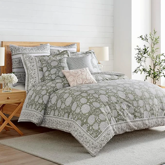 Authentic Levtex Home Adare Sage Reversible Full Queen Comforter Set 90x94in with 2 Pillow Shams 26x20in - Floral Bedding - Sage and White - Cotton Full Queen Size Comforter Set - Soft Pre-Washed Fine Crafted