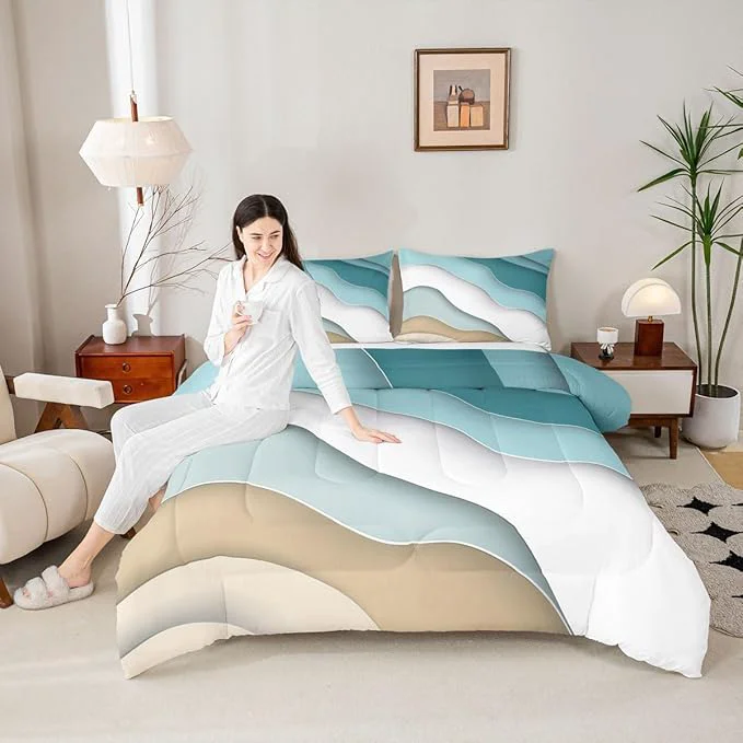 Official Abstract Ombre Comforter Set Ocean Waves Bedding Set Decor Blue Sea and Beach Quilt Set Tropical Summer Contemporary Duvet Insert Teens Kids Adults Room Decor 3pcs Queen Size Luxury