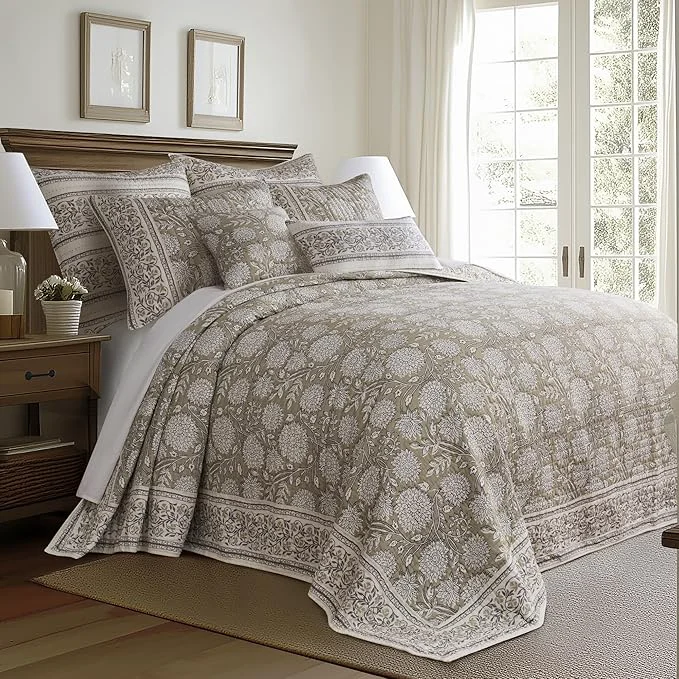 Classic Levtex Home – Adare Taupe Bedspread Set – Twin Bedspread 80x106in. and 1 Standard Sham 20x26in. – Floral Botanical Design – Taupe and White – Reversible – Cotton Carefully Designed