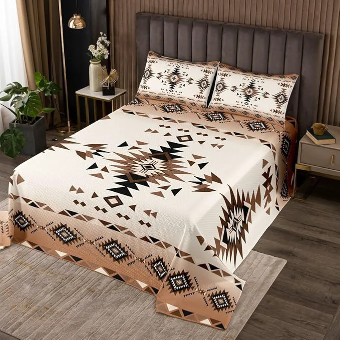 Fast Manfei Geometric Aztec Kids Bedspread King Size Western Cowboy Arrow Rustic Farmhouse Coverlet Set Boys Girls Room Decor Southwest Boho Tribal Quilted Coverlet Brown Retro Bedding Quilt 2 Pillowcases Genuine