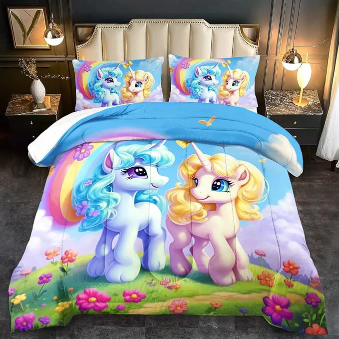 Prestigious Unicorn Comforter Set King Kawaii Unicorn Bedding Set King Kids Rainbow Comforter Blue Bedroom Decor Cute Animal Bedding Rainbow Bed Decor for Girls Cartoon Blue Floral Quilt Traditional