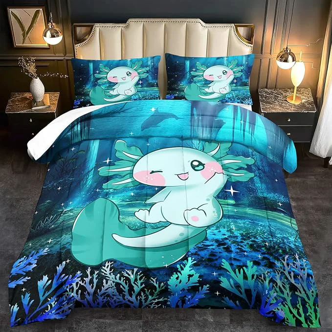 Exclusive Cute Axolotl Comforter Set Kids Blue Axolotl Bedding Set Boys Girls Queen Size Kawaii Ocean Animal Print Comforter Boys Girls Ocean Sealife Room Decor Blue Fish Quilt Bedding Prestigious