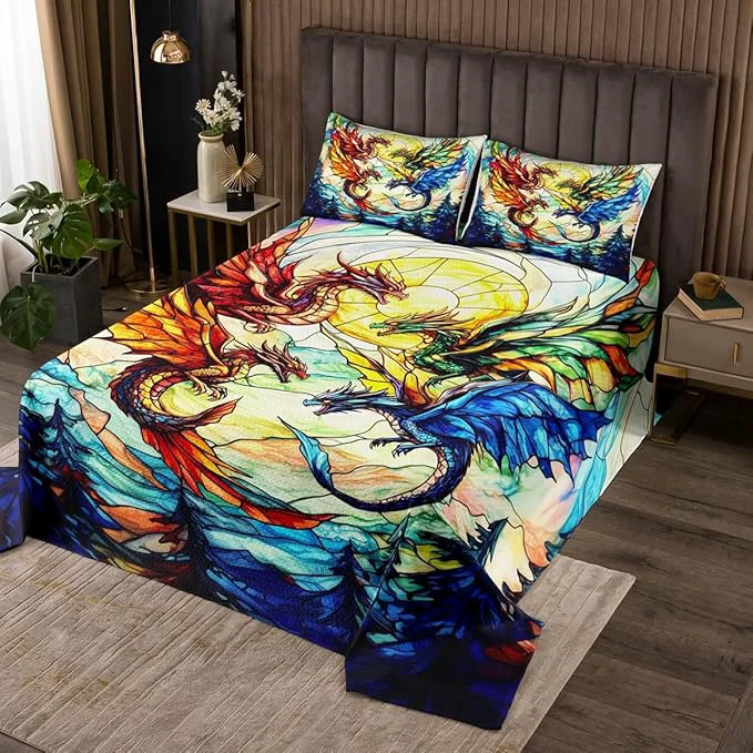 Top-Quality Western Dragon Men Bedspread Twin Size Flying Dragon Wing Pine Trees Rustic Coverlet Set Boys Girls Room Decor Geometric Patchwork Abstract Quilted Coverlet Blue Trippy Bedding Quilt 1 Pillowcase Fine Crafted