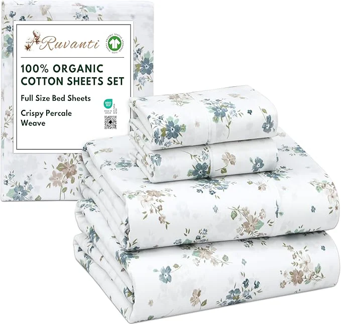 Fashionable RUVANTI Organic Cotton Sheets Full Size Percale Weave GOTS 4-Piece Set Deep Pocket 15 quot Crisp amp Breathable Soft Durable Bedding Sábanas Algodón Orgánico – Halcyon