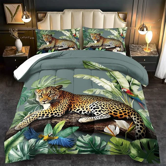 Smart Animal Leopard Print Comforter Set Queen Animal Cheetah Print Comforter Set Boys Girls Floral Leopard Bedding Bedroom Decor Floral Cheetah Bedding Queen Jungle Plant Room Decor Traditional