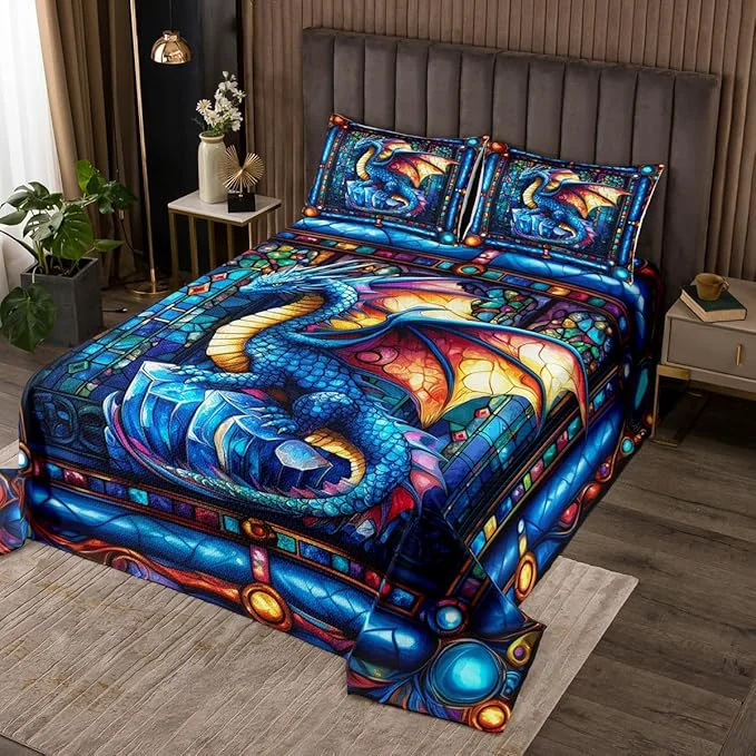 Secure Western Dragon Men Bedspread King Size Blue Flying Glass Dragon Wing Trippy Coverlet Set Boys Girls Room Decor Geometric Patchwork Abstract Quilted Coverlet Gothic Chic Bedding Quilt 2 Pillowcases Detailed