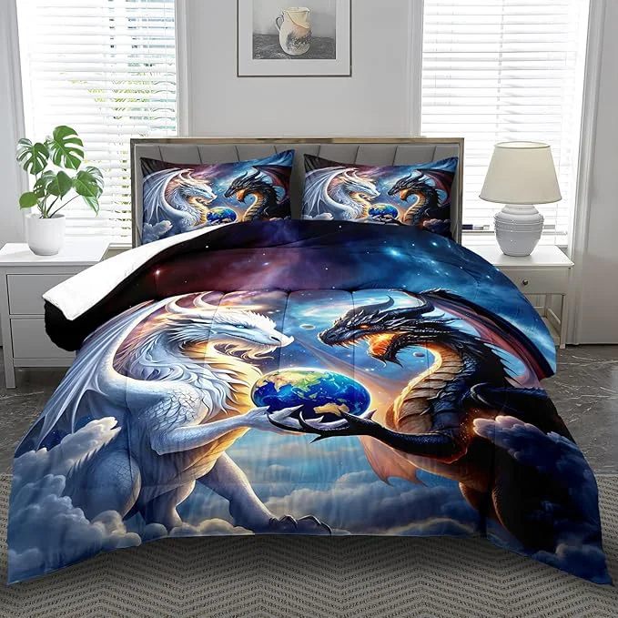 Clean Black White Dragon Comforter Set Full Boys Flame Ancient Mysterious Creatures Fantasy Dragon Bedding Set Boys GirlsWhite and Black Comforter Full Size Animals Quilt Room Decor Next-Generation