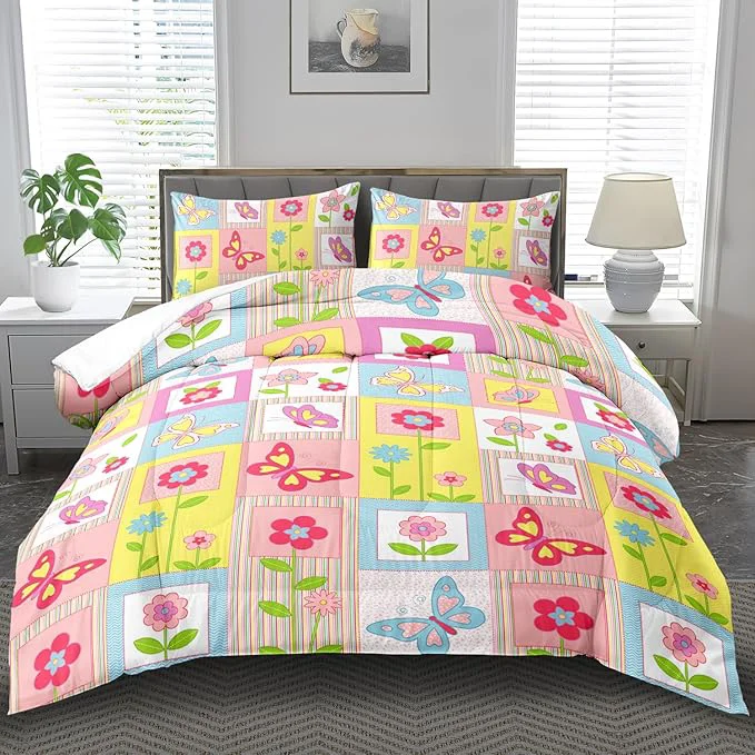 Classic Pink Butterfly Kids Comforter Set King Girls Floral Bedding Set Girls Pink Grid Comforter Kids Quilt Bedroom Decor White Purple Blue Pink Butterfly Bedding Bed Decor Quality