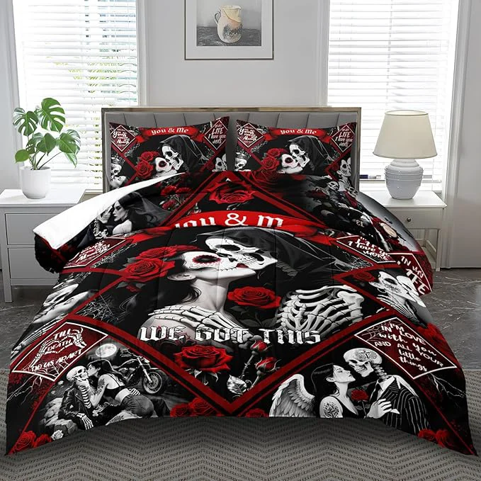 Pure Red Skull Comforter Set King Size Women Men Black Goth Bedding Set Girls Gothic King Size Comforter Couple Red Rose Couple Bedding Boho Skull Quilt Bedroom Decor Genuine