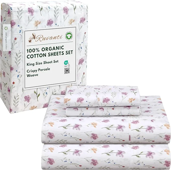 Refined RUVANTI Organic Cotton Sheets King Size Percale Weave GOTS 4-Piece Set Deep Pocket 15 quot Crisp amp Breathable Soft Durable Bedding Sábanas Algodón Orgánico – Obsessed Stems Consistent