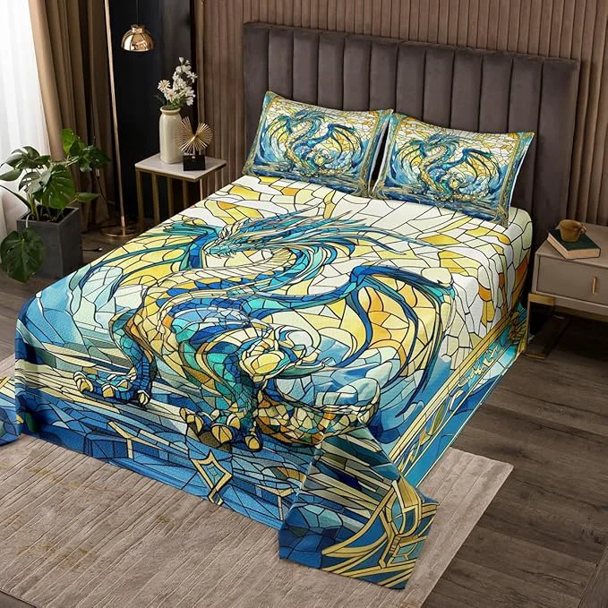 Casual Manfei Western Dragon Kids Bedspread King Size Glass Dragon Flying Wing Trippy Coverlet Set Boys Girls Room Decor Geometric Patchwork Abstract Quilted Coverlet Blue Unique Bedding Quilt 2 Pillowcases Authentic