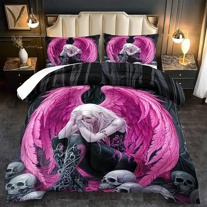 Stylish Gothic Skull Comforter Set Queen for Adults Angel Wings Bedding Set Pink for Girls Sexy Angel Comforter Bedroom Decor Teen Gothic Skull Bedding Decor Pink Wings Quilt Carefully Designed