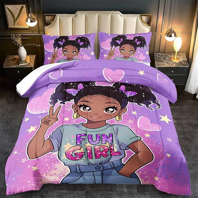 Efficient African American Black Girl Comforter Set King Size Cute Black Girl Bedding Set King for Kids Kawaii Heart Comforter Purple Bedding Decor for Teen Purple Bed Quilt Proven