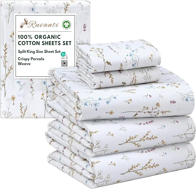 Natural RUVANTI Organic Cotton Sheets Split King Percale Weave GOTS 5-Piece Set Deep Pocket 15 quot Crisp amp Breathable Soft Durable Bedding Sábanas Algodón Orgánico – Field Flower First-Class