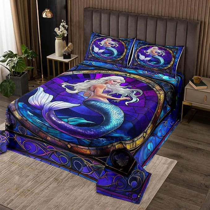 Certified Mermaid Kids Bedspread Twin Size Mermaid Scale Marine Ocean Animal Geometric Coverlet Set Boys Girls Room Decor Tale Princess Dreamy Quilted Coverlet Purple Unique Bedding Quilt 1 Pillowcase Refined