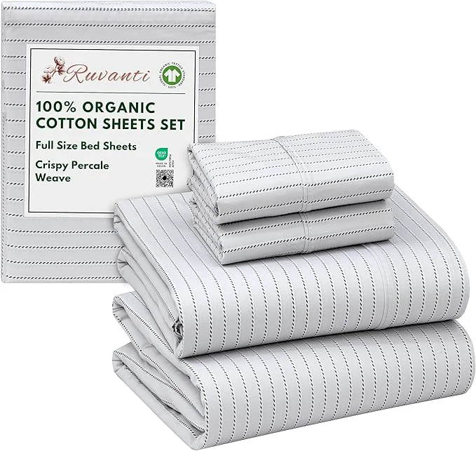Elite RUVANTI Organic Cotton Sheets Full Size Percale Weave GOTS 4-Piece Set Deep Pocket 15 quot Crisp amp Breathable Soft Durable Bedding Sábanas Algodón Orgánico – Construction Line Green