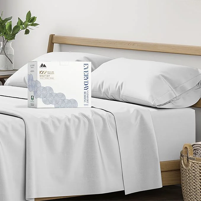 Breathable Mayfair Linen Organic Cotton Percale Sheets - California King Size 4 Piece Set Percale Weave Crisp Cooling 16 quot Deep Pocket - Light Grey Green