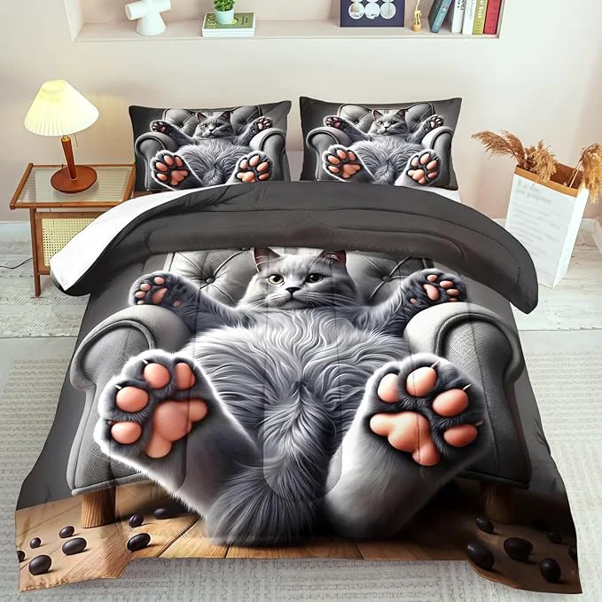 Prestigious Cute Cat Comforter Set Full Grey Kawaii Cat Bedding Set Adult Cute Animal Comforter for Boy American Shorthair Bedding Grey Kawaii Animal Print Quilt Bedroom Decor Kids High-Grade