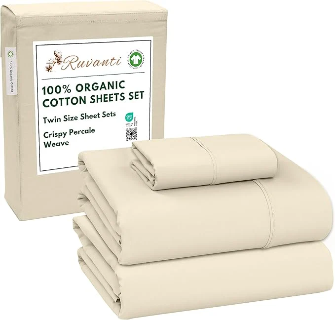Fine RUVANTI Organic Cotton Sheets Twin Size Percale Weave GOTS 3-Piece Set Deep Pocket 15 quot Crisp amp Breathable Soft Durable Bedding Sábanas Algodón Orgánico – Cloud Cream Natural