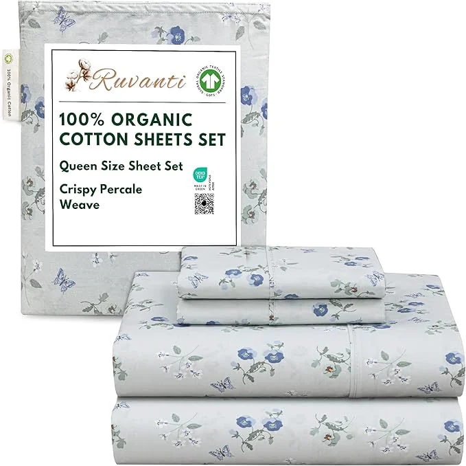 Lightweight RUVANTI Organic Cotton Sheets Queen Size Percale Weave GOTS 4-Piece Set Deep Pocket 15 quot Crisp amp Breathable Soft Durable Bedding Sábanas Algodón Orgánico – Butter Flight Outstanding