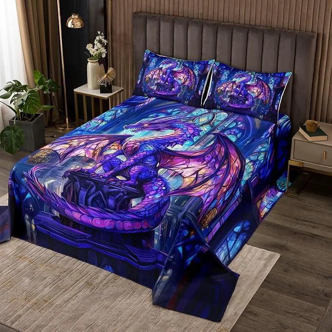 Relaxed Western Dragon Kids Bedspread Queen Size Flying Wing Purple Dragon Coverlet Set Boys Girls Room Decor Castle Tale Trippy Animal Geometric Quilted Coverlet Blue Christmas Bedding Quilt 2 Pillowcases Minimalist