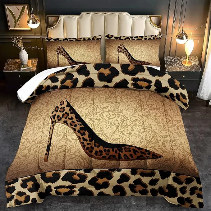 Stylish Leopard Comforter Set Full Girls Sexy High Heel Comforter for Women Leopard Print Bedding Set Full Adult High Heel Quilt Bedroom Decor African Animal Print Bedding Quilt Classic