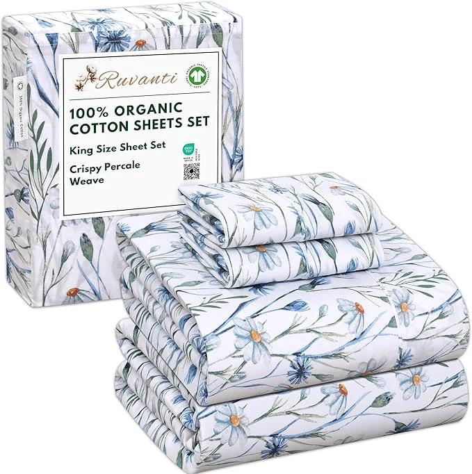 Luxury RUVANTI Organic Cotton Sheets King Size Percale Weave GOTS 4-Piece Set Deep Pocket 15 quot Crisp amp Breathable Soft Durable Bedding Sábanas Algodón Orgánico – Daisy Bud