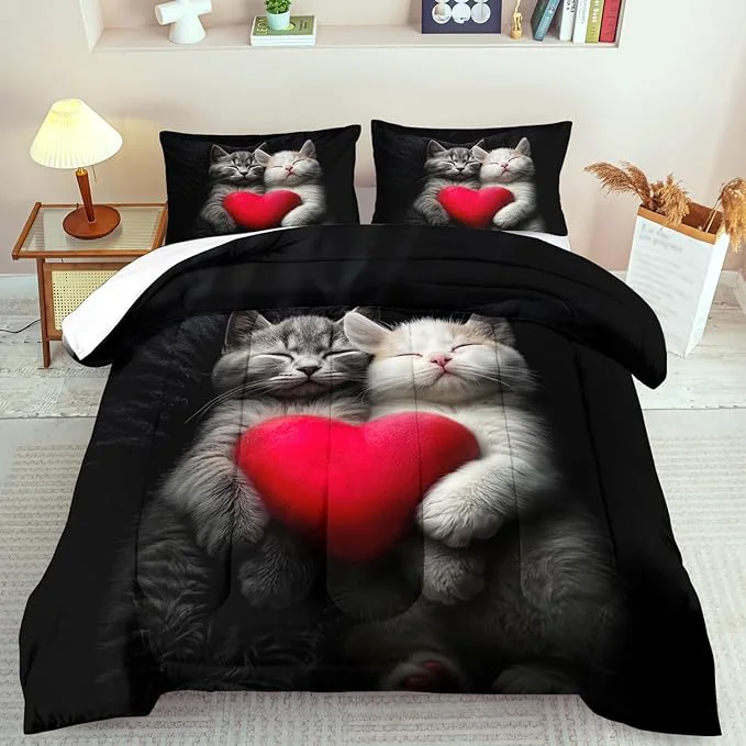 Organic Cute Cat Comforter Set King Kawaii Cat Bedding Set for Girls Cute Animal Comforter Red Love Heart Bedding Decor Kawaii Farm Animal Quilt Patterns Kids and Adults Fast