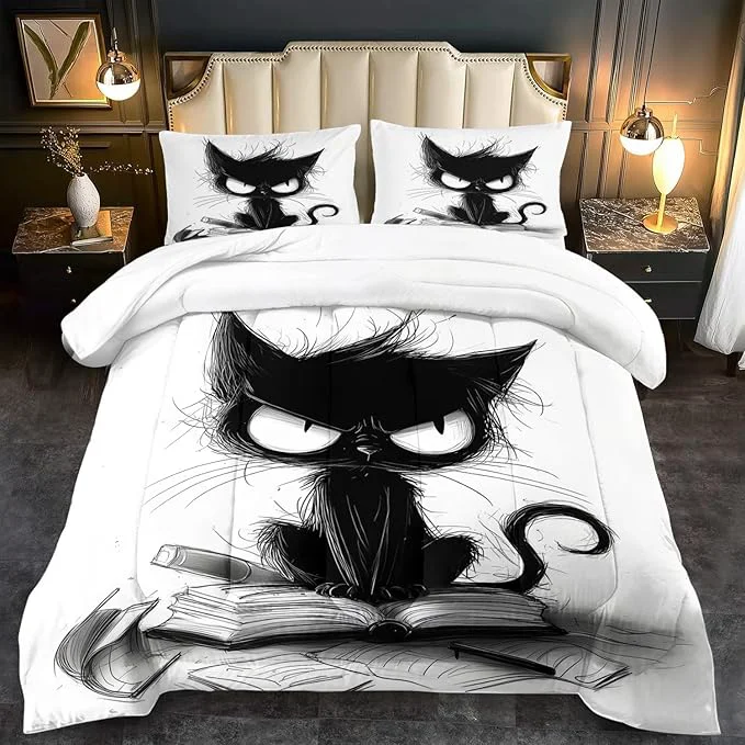 Expertly Made Cute Black Cat Comforter Set King Size Cute Pet Bedding Set Boys Girls White and Black Comforter Cartoon Cat Quilt Animal Bedroom Decor Kawaii Animal Print Bedding Boys Kids World-Class