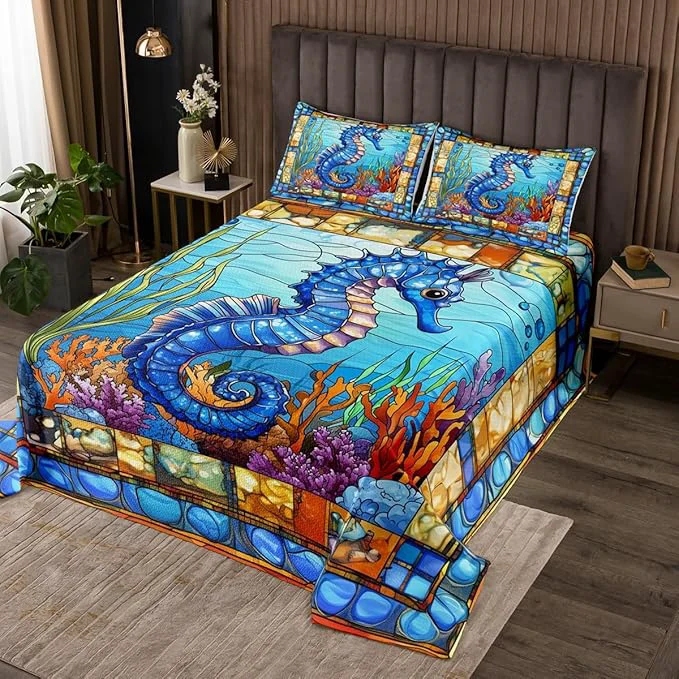Solid Seahorse Kids Bedspread King Size Hippocampus Coral Seaweed Marine Life Coverlet Set Boys Girls Room Decor Ocean Animal Geometric Abstract Quilted Coverlet Sea Blue Bedding Quilt 2 Pillowcases Powerful
