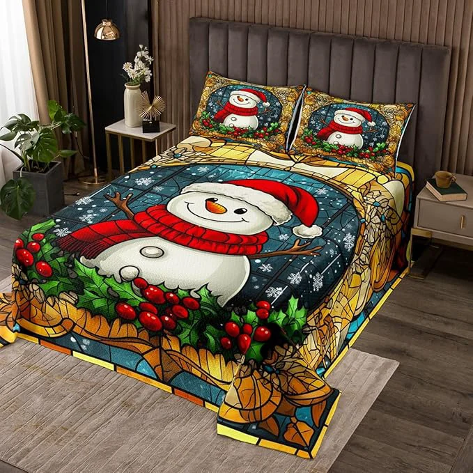 Easy-to-Use Cartoon Snowman Kid Bedspread Twin Size Merry Christmas Happy New Year Snowflake Coverlet Set Boys Girls Room Decor Poinsettia Flower Plaids Quilted Coverlet Xmas Cute Bedding Quilt 1 Pillowcase Efficient