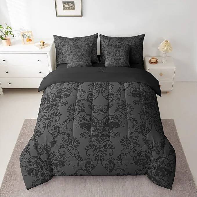 Environmentally Friendly Erosebridal Gothic Damask Bed in a Bag King Size Comforter Set 7 Pieces Butterfly Skull Bedding Sets Black Grey Victorian Floral Goth Sheet Set with Comforter Artisan