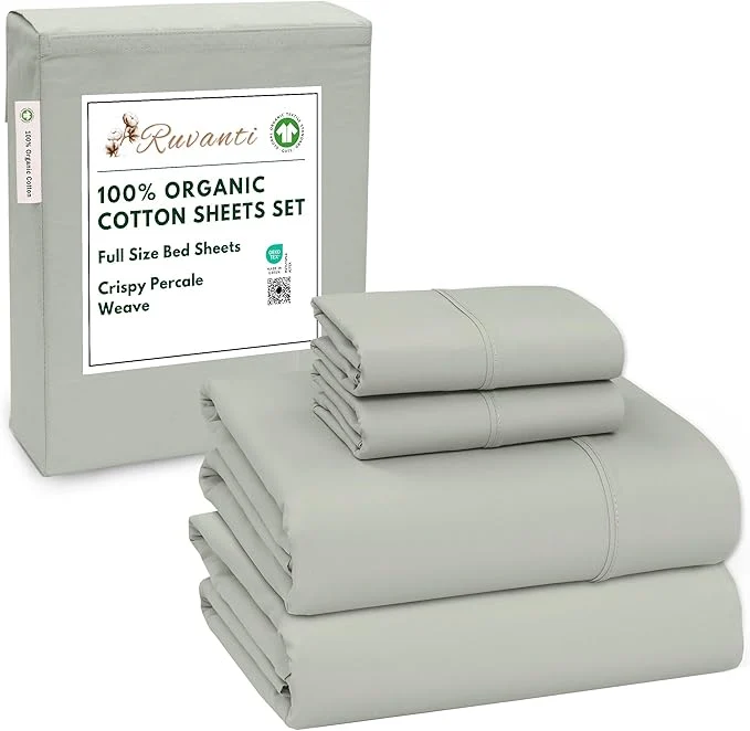 RUVANTI Organic Cotton Sheets Full Size Percale Weave GOTS 4-Piece Set Deep Pocket 15 quot Crisp amp Breathable Soft Durable Bedding Sábanas Algodón Orgánico – Mineral Gray Consistent